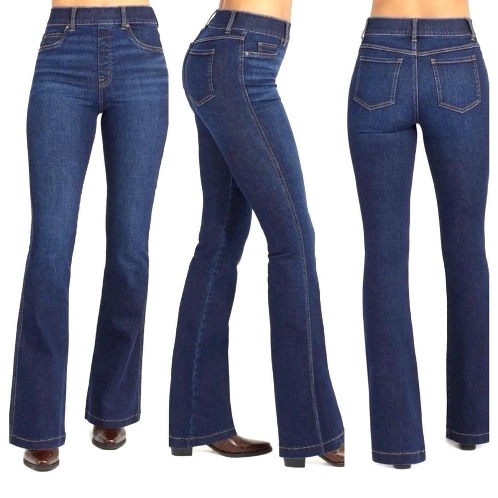 Spanx Flare Jeans Dark Wash Indigo High Rise Pull On Denim Size L Bootcut 33"
